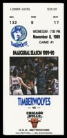 Color image of a Minnesota Timberwolves ticket to the Chicago Bulls game during the inaugural season of 1989-90, at the Hubert H. Humphrey Metrodome.
